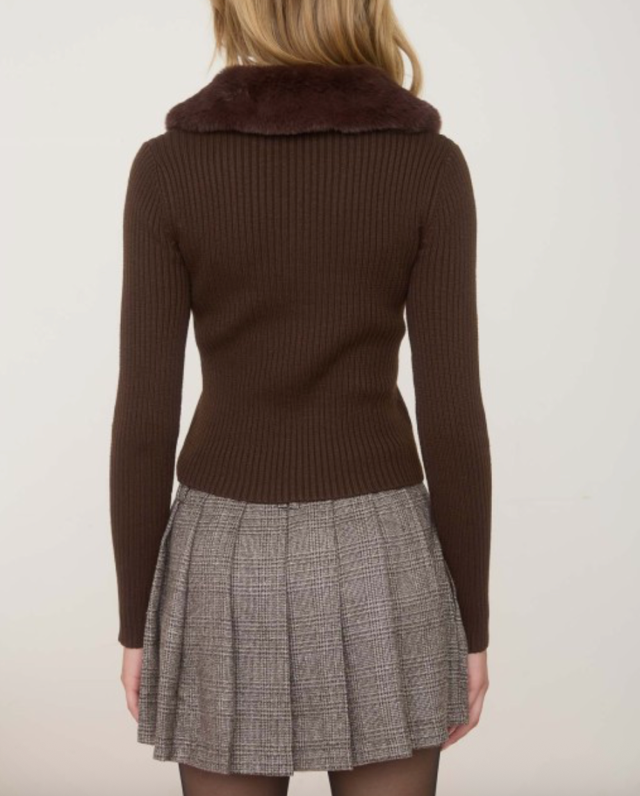 Faux Fur Collar Cardigan - Brown