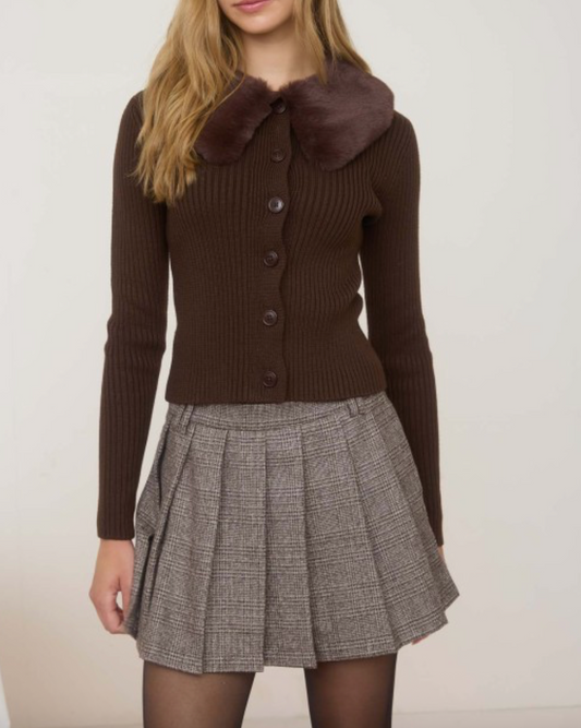 Faux Fur Collar Cardigan - Brown