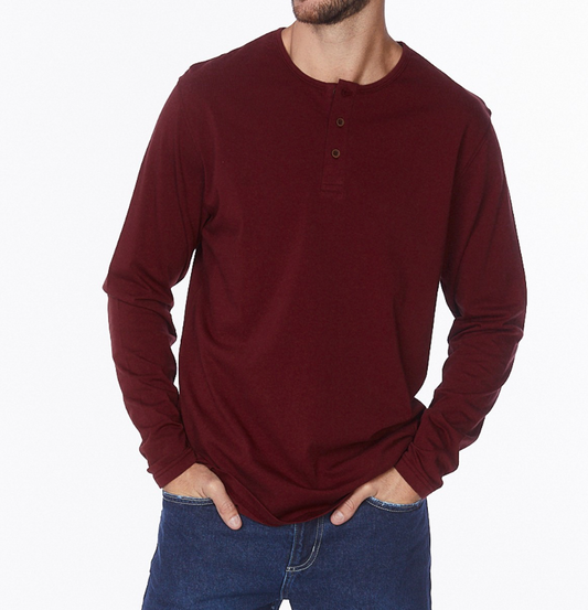 Cotton Henley Tee - Burgundy