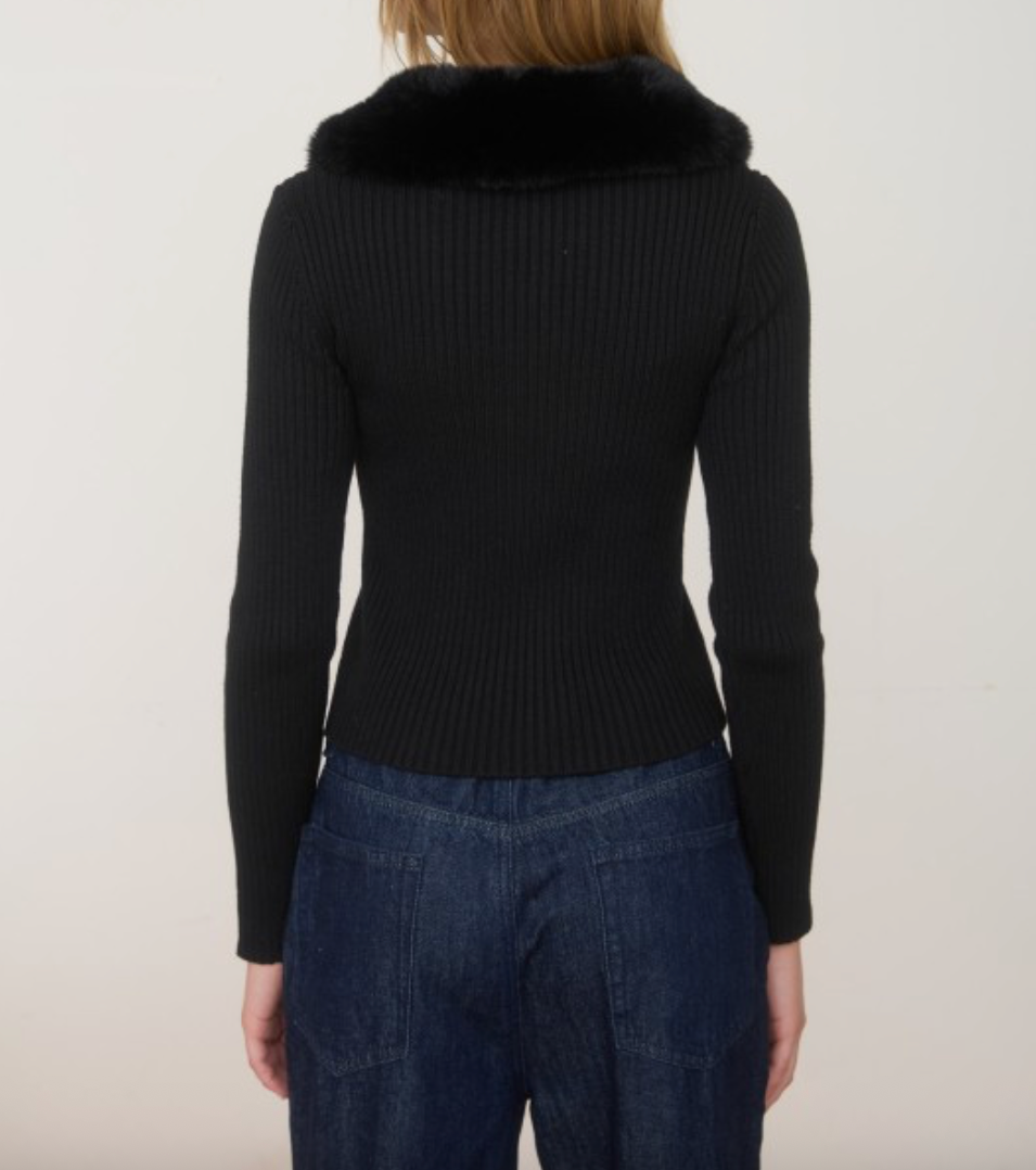 Faux Fur Collar Cardigan - Black