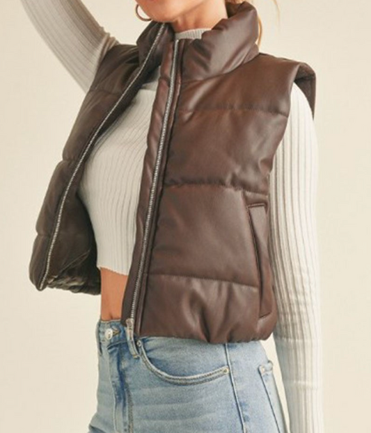 Liana Faux Leather Puffer Vest - Coffee
