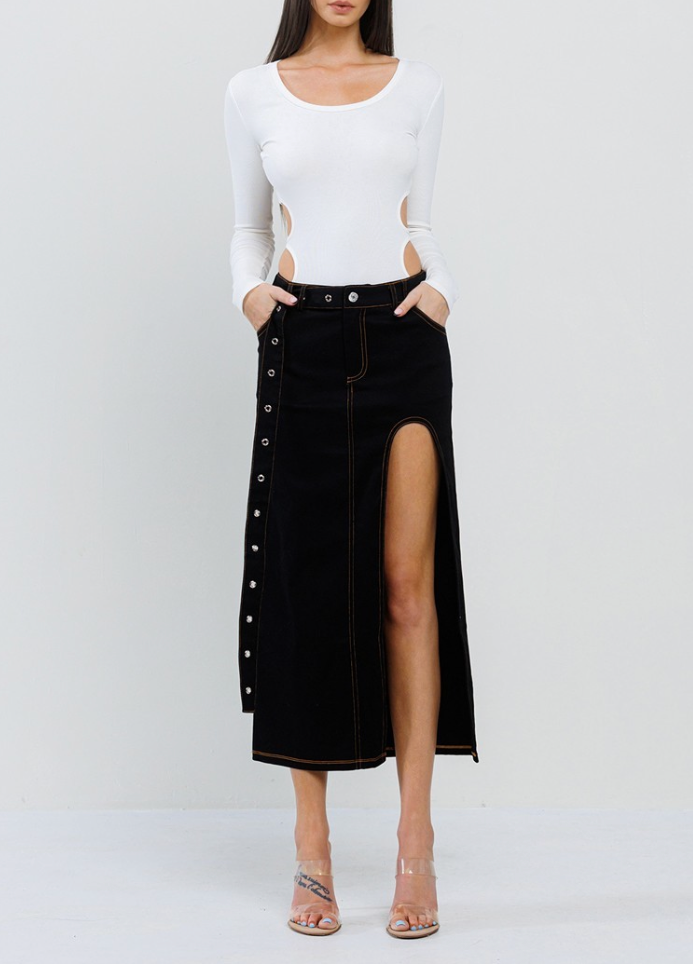 Cut-Out Denim Maxi Skirt