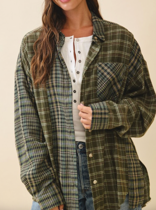 Mixed Plaid Flannel Shirt - Olive
