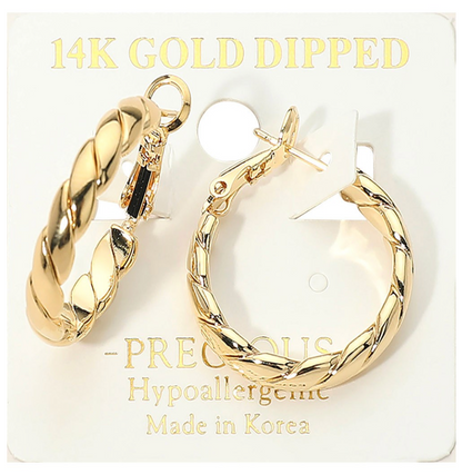 14K Gold Dipped Flat Twisted Hoops