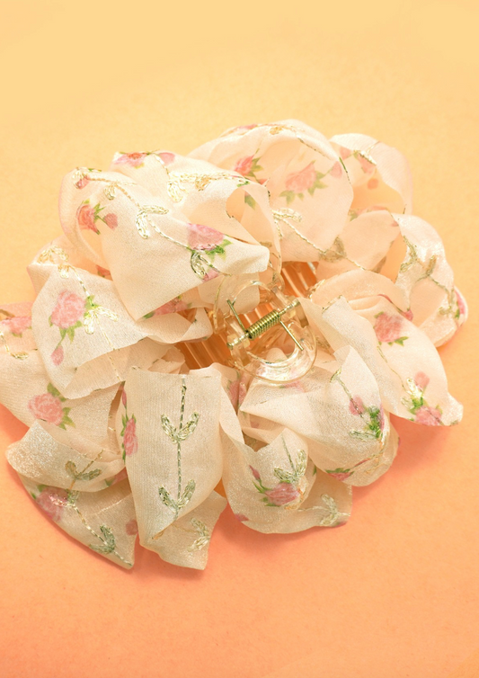 Large Floral Sheer Bow Claw Clip - Ivory
