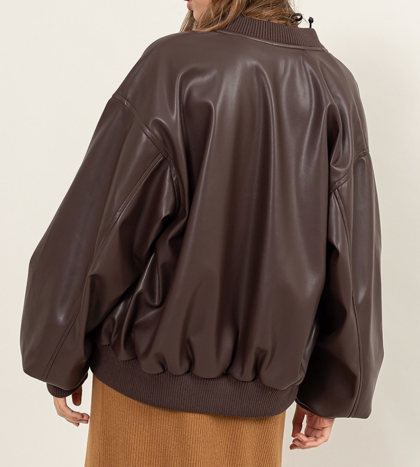 Faux Leather Bomber Jacket - Brown