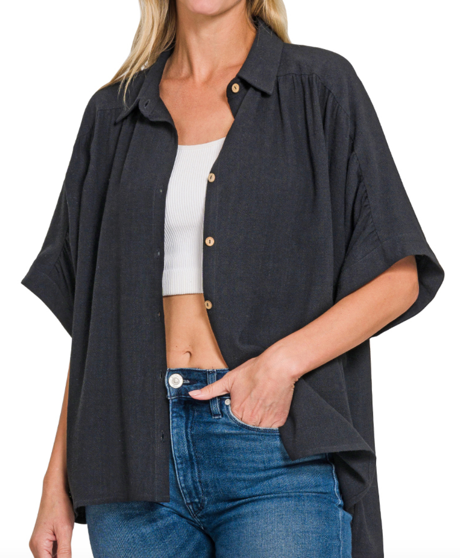 Mila Linen Button Top - Black