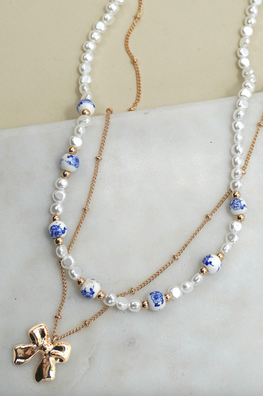 Blue Ceramic Bow Necklace