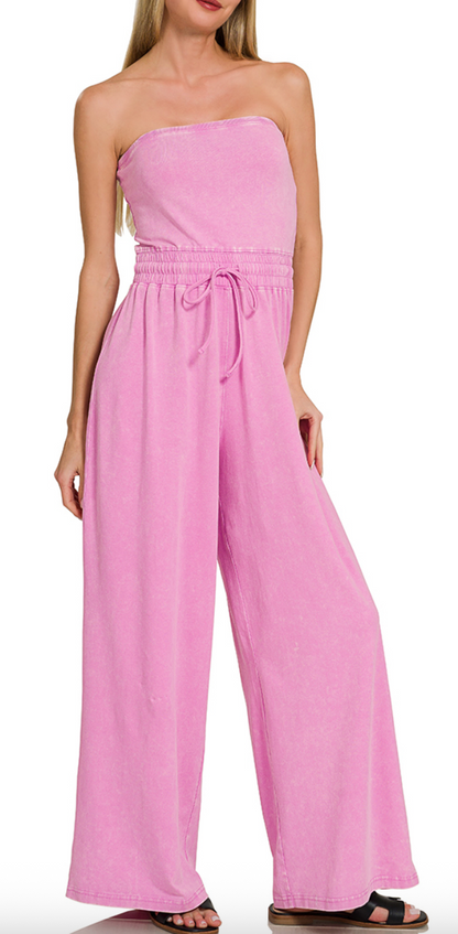 Vintage Wash Pant Romper - Pink (Medium)