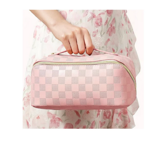 Checkered Open Flat Makeup Bag - Pink