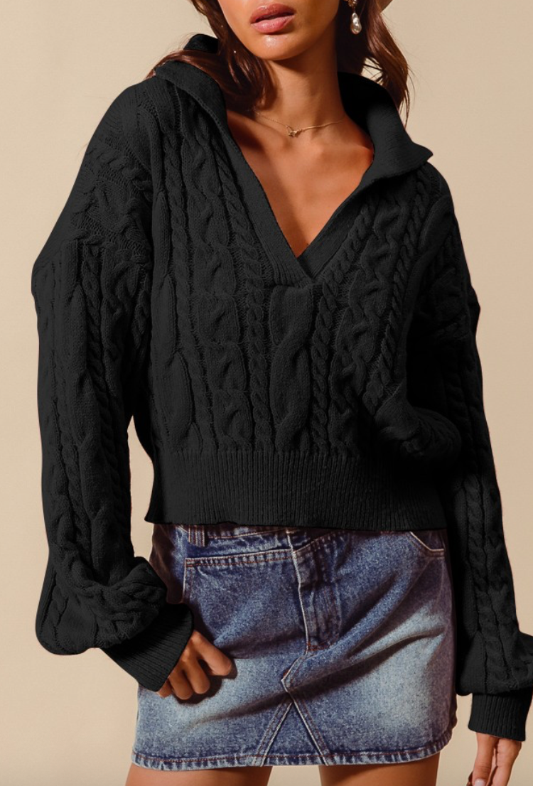Cable Knit Crop Sweater - Black