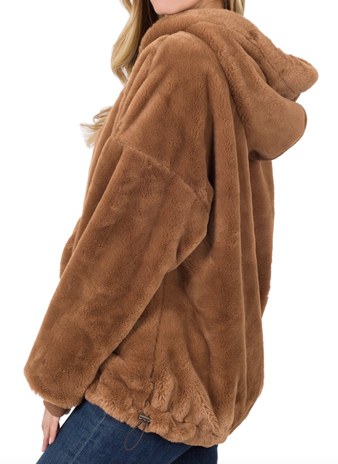 Faux Fur Half Zip Thumbhole Hoodie - Camel